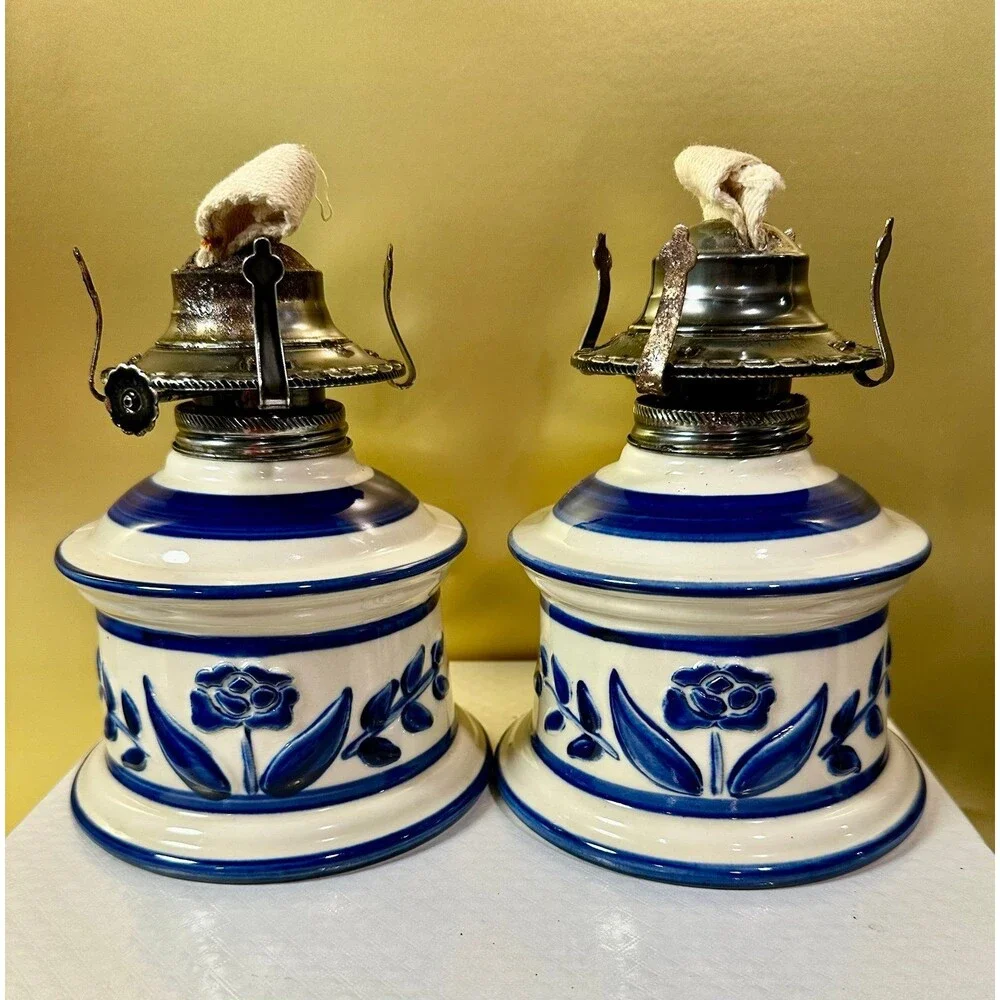 Vintage Lamplight Farms Blue & White Ceramic Oil Lamp Bases - Pair of 2